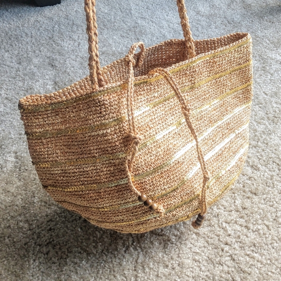 J. Crew Handbags - J. Crew Straw Market Basket Woven Wicker Sequins